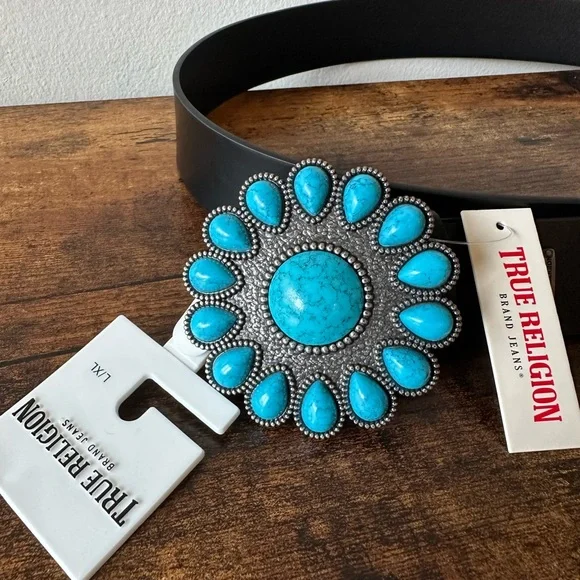 True Religion Black Belt Turquoise Buckle Bohemian Western Style L/XL NWT - Picture 3 of 4